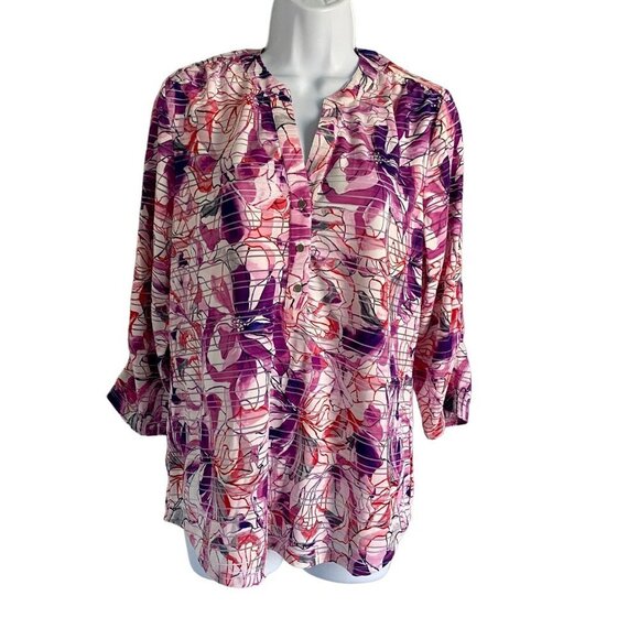 Emily Daniels Pink Purple Floral Print 3/4 Sleeves Top Women's Medium - Picture 1 of 10